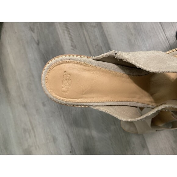 UGG Shoes Womens Size 11 Taupe Suede Heeled Sandals Open Toe Slip On Mule - Picture 5 of 7